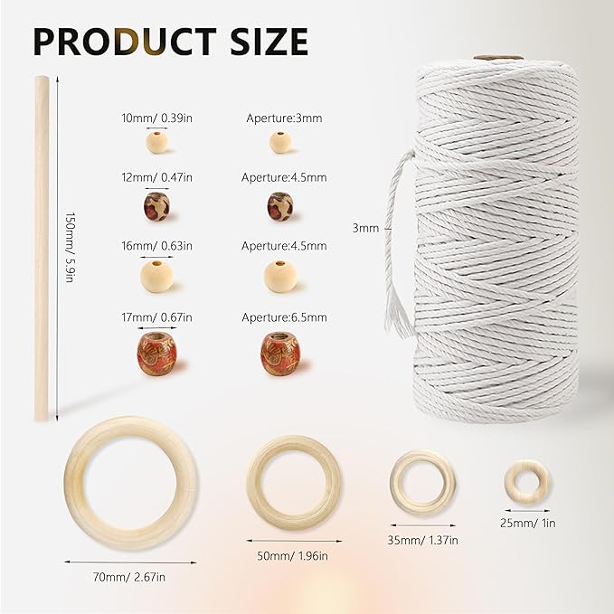 227pcs Macrame Kits 3mm 115yards Wall Hanging Natural Cotton Macrame Cord with Wooden Beads & Rings Wooden Sticks, Metal S-hooks Supplies for Hanging Plant Hand Tassel weaving