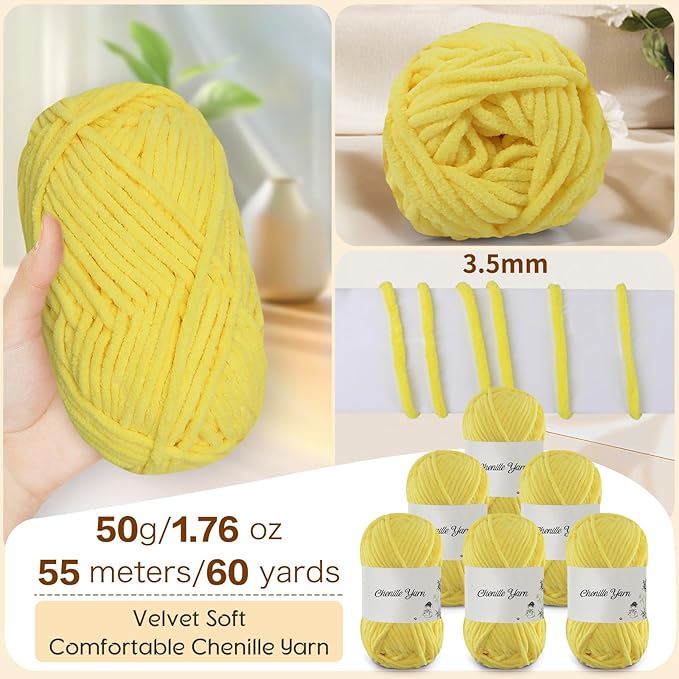 SIMEIQI 6 Pack of 1.76oz Chenille Yarn for Crocheting,60yards Soft Fluffy Velvet Yarn, Ideal Crochet for DIY Baby Blankets Toys Scarves Throw Pillows Hats Cushions(Yellow)