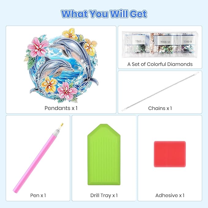 MOGTAA Dolphin Diamond Art Hanging Pendant Kits, 5D Special Shape Diamond Art Kits for Adults, Crystal Rhinestones Flowers Diamond Painting Gem Art for Home Garden Wall Decor