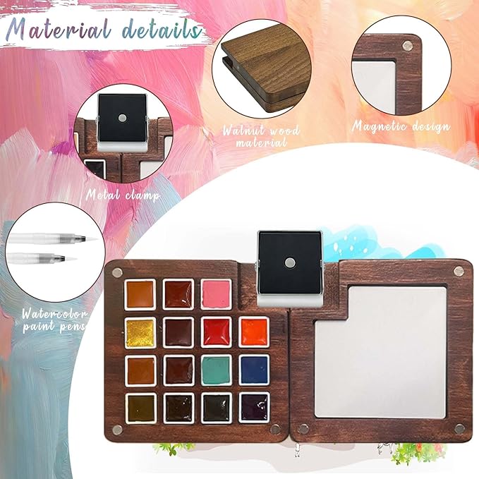 Mini Paint Palette Travel Kit - Mini Travel Watercolor Palette Set, Pocket Artist Water Color Travel Set with Colours, Binder Clips, Watercolor Pens, Wooden Paint Box for Painters Artists Students