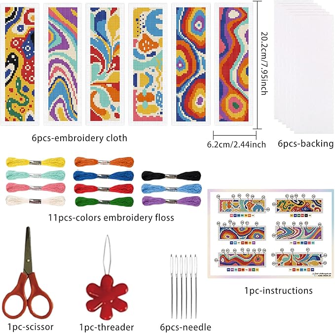 ORIGACH 6 Pcs Cross Stitch Bookmark Kit for Beginner Adults, Modern Abstract Stamped Embroidery Bookmark Kit with Instruction for Starters Printed Cross Stitch DIY Kits for Book Lovers