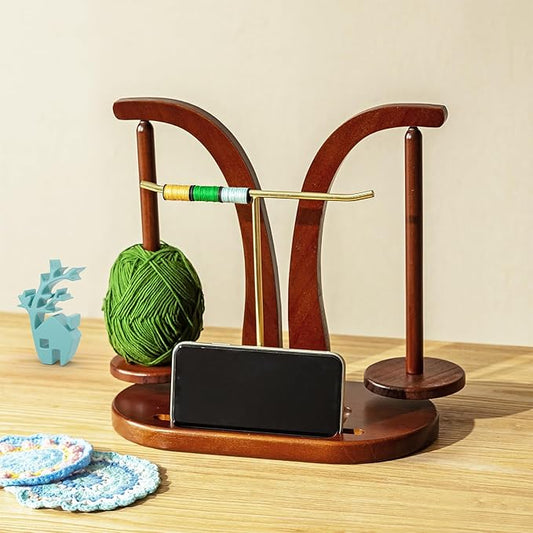 Baffect Yarn Holder Magnetic, Wooden Yarn Ball Holder with T-Shaped Holder & Phone Stand, Yarn Spindle with Double Spindles, Spinning Yarn Holder for Crochet Lovers