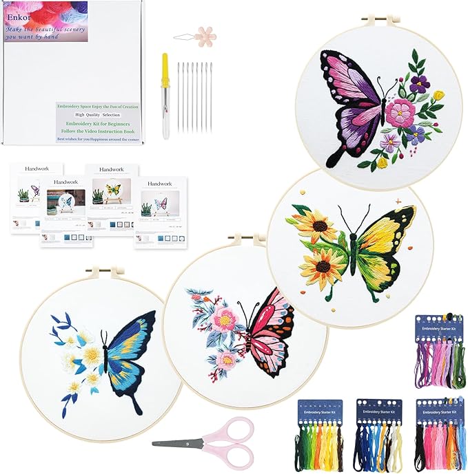 Enkor 4 Sets Embroidery Kit for Beginners Adults-Cross Stitch Kits for Beginner Easy to Learn Stitches from Instruction Video Needlepoint Kits with Stamped Embroidery Pattern-Butterfly B4