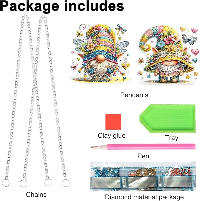 JISHSHAY Diamond Painting Pendant Gnome Wind Chimes Special Shaped Art Suncatchers Keychain Hanging Kit - 2 PCS