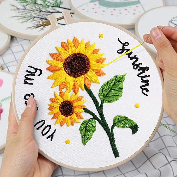Louise Maelys 3 Sets Sunflowers Embroidery Kit for Beginners,Cross Stitch Kits for Adults with Summer Flowers Bee Stamped Pattern,Starters Needlepoint with Embroidery Instruction