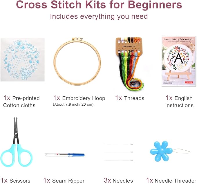 haootadiy beginner embroidery kit for adults, easy cross stitch kit for beginners and adults, full embroidery hoop kit with needles and thread included (pattern 1)
