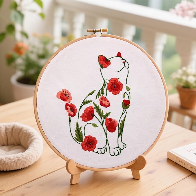 Crafmanoe Cat Embroidery Kits for Beginners Adults, Flowers Embroidery Starter Kits, Counted Cross Stitch Kits for Beginners Adults Hobbies Set for Women, Embroidery Hoops, Thread and Video Tutorial
