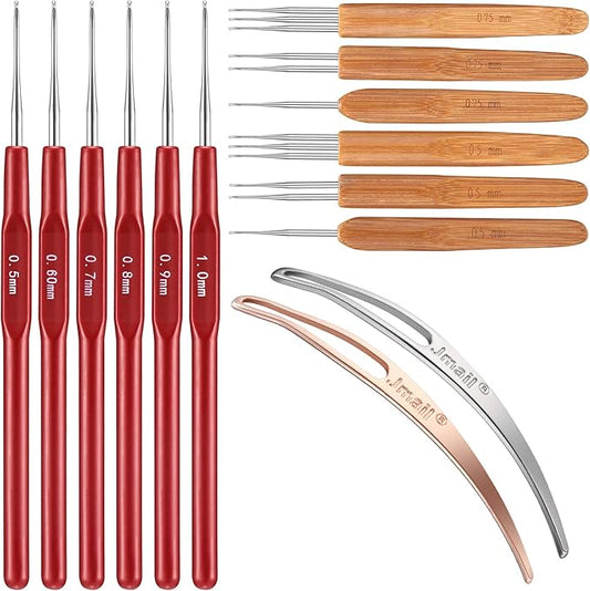 WILLBOND 14 Pcs Dreadlock Crochet Hook Set Include 6 Dreadlocks Crochet Needle 2 Hair Locking Tools 6 Hooks 0.5 mm 0.75 mm Needle Weaving, 1/2/3 Hooks for Locs Braid Craft(Red)