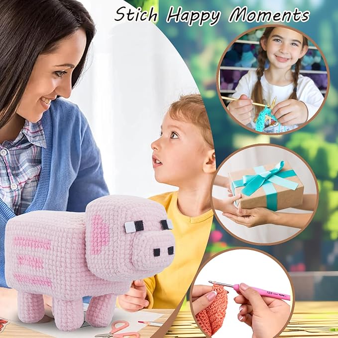 Crochet Kit for Beginners, Pig Crochet Kit for Adults with Step-by-Step Video Tutorials,Learn to Craft Amigurumi Stuffed crochet Animal kit,Knitting Kit for Birthday