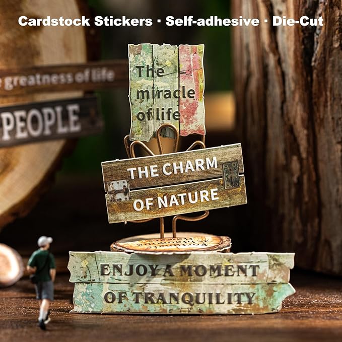 Wood Grain Embossed Sticker Card Set – 150pcs Vintage English Lettering with Warm Nature Theme for Scrapbook Journal Planner Tags DIY Craft Decoration