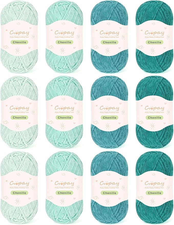 Coopay Skinny Chenille Yarn for Crocheting and Knitting, 12 Pack of 50g/1.76oz - 1764yd Total, Soft Velvet Yarn of Baby Weights - Suitable for Baby Blankets, Plush Toys - Super Soft (Green Gradient)