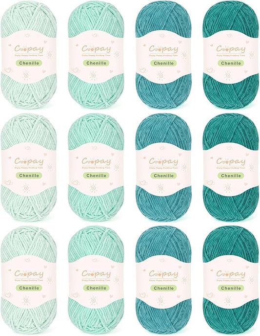 Coopay Skinny Chenille Yarn for Crocheting and Knitting, 12 Pack of 50g/1.76oz - 1764yd Total, Soft Velvet Yarn of Baby Weights - Suitable for Baby Blankets, Plush Toys - Super Soft (Green Gradient)