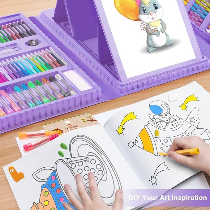 Art Supplies, 272 Pack Art Set Drawing Kit for Girls Boys Teens Artist, Deluxe Gift Art Box with Trifold Easel, Origami Paper, Coloring Pad, Drawing Pad, Pastels, Crayons, Pencils, Watercolors(Purple)