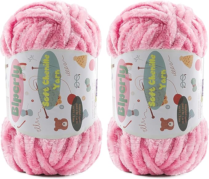 2 * 100g Fluffy Chenille Yarn for Crocheting - Chunky Velvet Yarn for Scarves Shawls, Baby Blankets, Hats Plush Toys, Plush Yarns Each Skein 49.2yd (2, Sakura Pink)