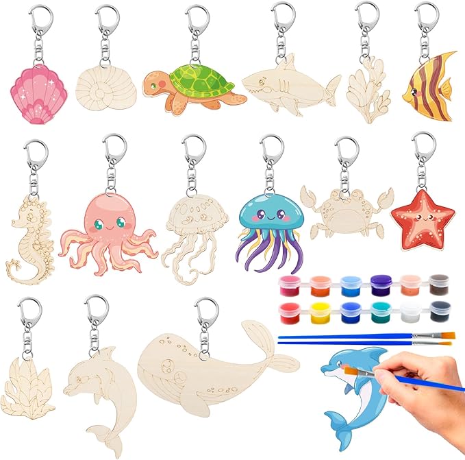 JHGCVX 30 Pieces Sea Life Painting Craft Kits，DIY Wooden Coloring Keychain for Christmas Gifts Ocean Theme Birthday Party Decorations Supplies