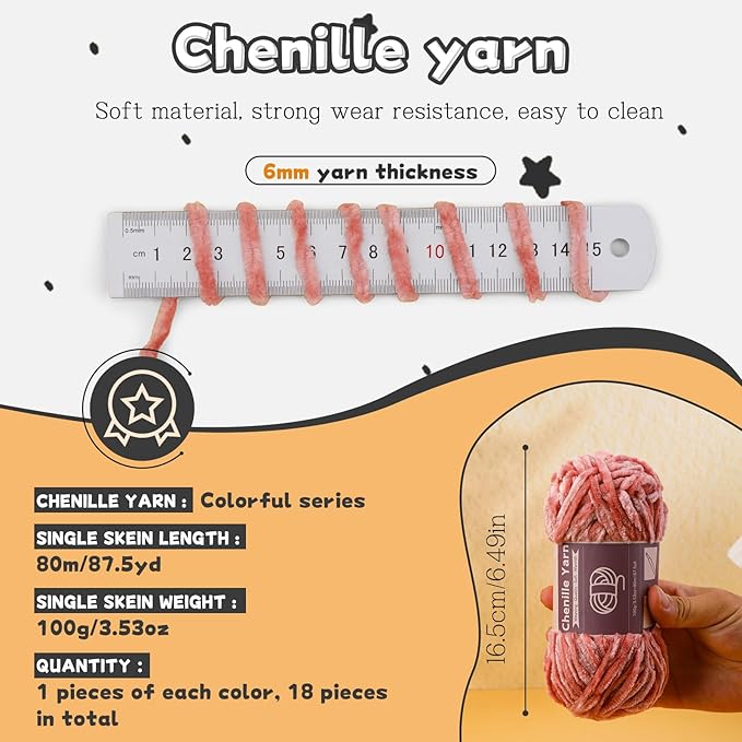 LUNARM 18 Skeins Chenille Yarn for Crocheting, Handmake Weaving Thick Soft Chunky Yarn for Blankets Clothes Crochet Craft with Crochet Hooks Needles Stitch Markers,3.53oz/Skein(Multicolor Series)