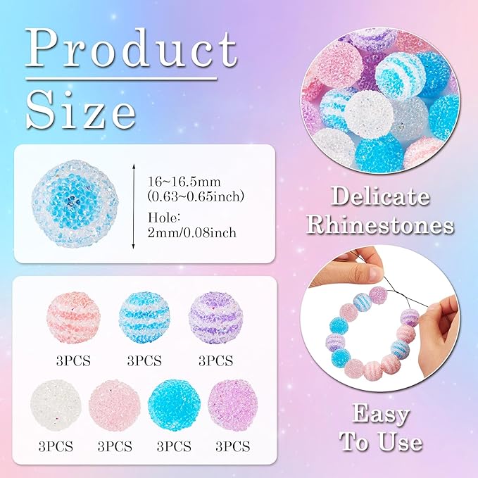 FASHEWELRY 21Pcs Acrylic Gummy Candy Beads 16mm Round Sugar Beads Bubblegum Beads 7 Colors Chunky Disco Ball Beads for Beadable Pen Bracelet Necklace Jewelry Making