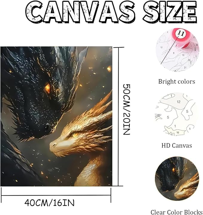 Fotasmua Paint by Numbers Kit for Adults Beginners, Black Golden Dragons Adult Paint by Numbers on Canvas, DIY Easy Acrylic Oil Painting Arts and Crafts Kits for Home Wall Decor (16x20Inch)
