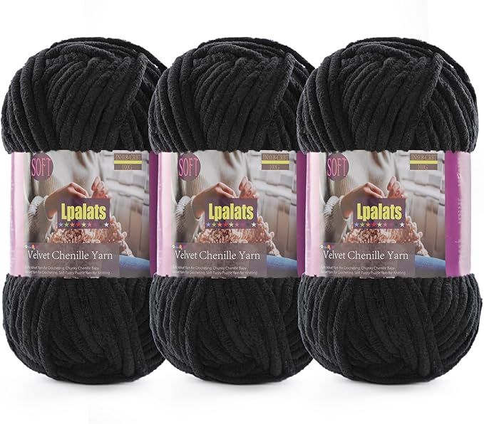 Baby Blanket Yarn for Crocheting Soft - 3 Pack of 100g/3.5oz Chunky Chenille Yarn for Knitting Blankets Amigurumi - Super Bulky Yarns - 261 Yards Thick Plush Yarns (3, Black)