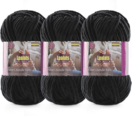 Baby Blanket Yarn for Crocheting Soft - 3 Pack of 100g/3.5oz Chunky Chenille Yarn for Knitting Blankets Amigurumi - Super Bulky Yarns - 261 Yards Thick Plush Yarns (3, Black)