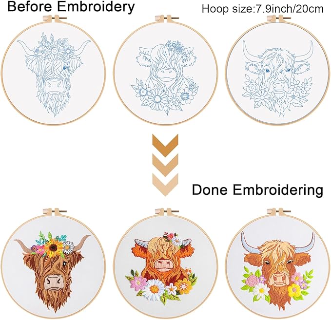 louise maelys 3 sets embroidery kits for beginners,cross stitch kit for adults,starters diy needlepoint including hoop -highland cow and florals pattern