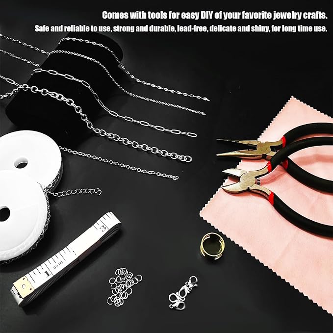 Fesorsi Silver Chain for Jewelry Making, 78.5ft 10 Style Steel Jewelry Chain, Electroplating Process, for DIY Necklace Chains, Tassel Pendants, with Jump Ring, Lobster Clasp, Pliers
