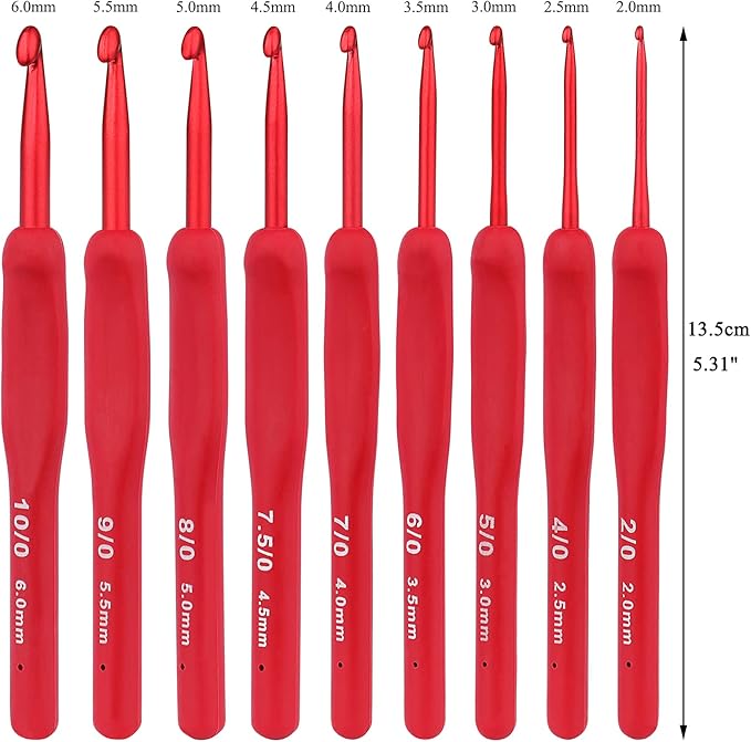 Coopay Red Crochet Hooks Ergonomic Crochet Hook Set, 9PCS Soft Touch Aluminum Crochet Needle for Arthritic Hands, 2.0-6.0mm Crochet Kit for Beginners/Professionals, Exquisite Knitting Crochet Supplies