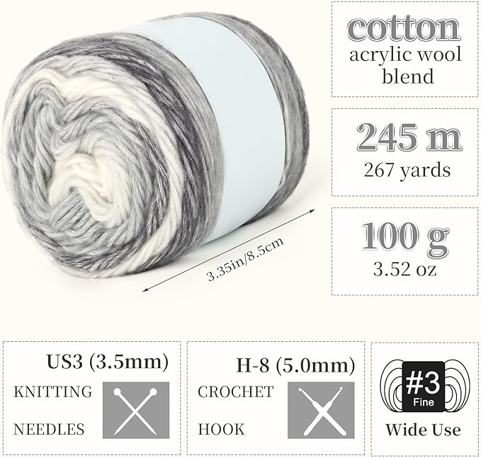 Aeelike Gradient Yarn for Crocheting, 6 Skeins Cake Yarns Fairyland Yarn 100g (3.52 oz) 245m (267 Yards) # 3 Light Weight - Super Soft Ombré Yarns for Making Colorful Crafts, Grey White Gradient