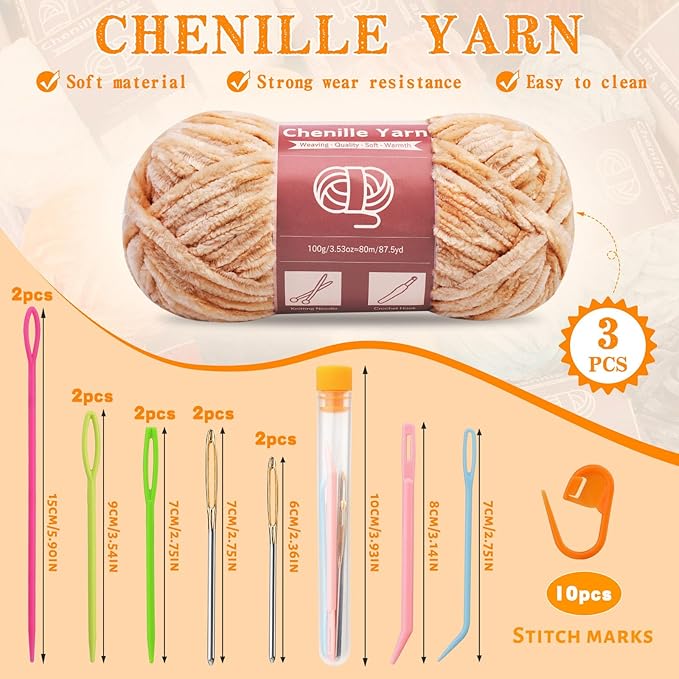 LUNARM Chenille Yarn for Crocheting Knitting, 3 Skein 263 Yard Thick Soft Chunky Fluffy Weaving Plush Yarn for Blankets Clothes Pattern Creations with Big Eye Needles (Light Brown)