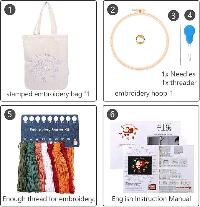 CREAWONDER Canvas Tote Bag Embroidery Kit with Pattern for Beginners, Arts and DIY Embroidery Crafts Kits for Adults, Include Instructions, Thimble, Embroidery Hoops, Color Threads and Tool