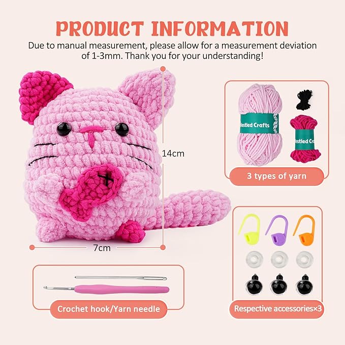 Vanttokeey Crochet Kit for Beginners, Animal Amigurumi Crochet Kits Included, Step-by-Step Video Tutorials, Beginner Crochet Kit for Adults and Kids, Crocheting Starter Set (Cat)