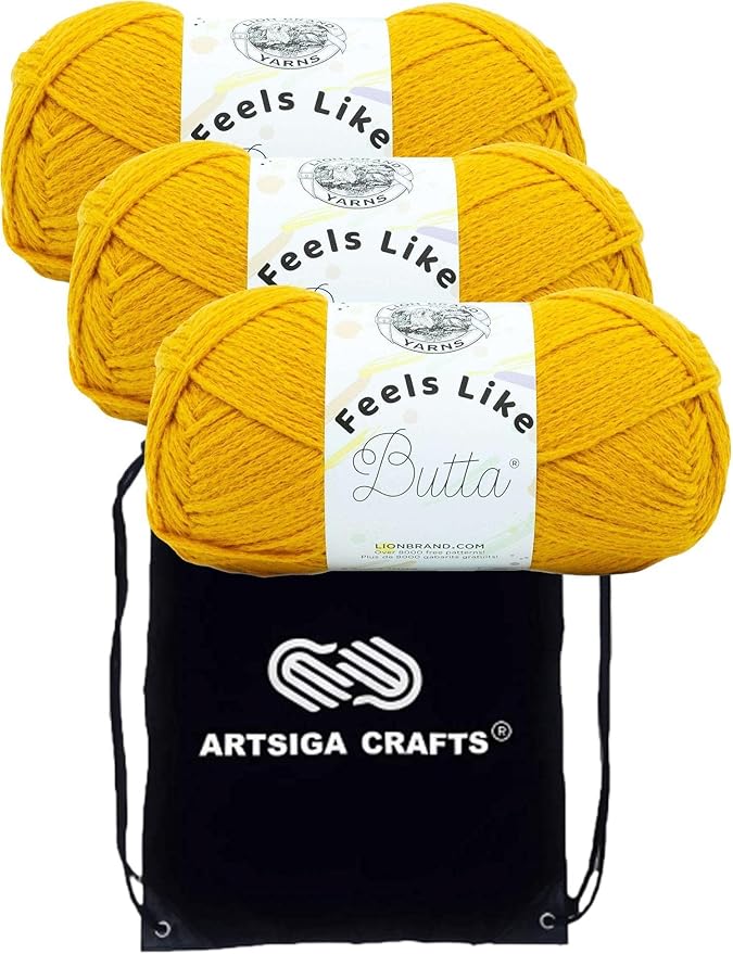 Lion Brand Feels Like Butta Golden Sunshine 215-159 (3-Skeins - Same Dye Lot) Worsted Medium #4 Polyester Yarn for Crocheting and Knitting with Project Bag