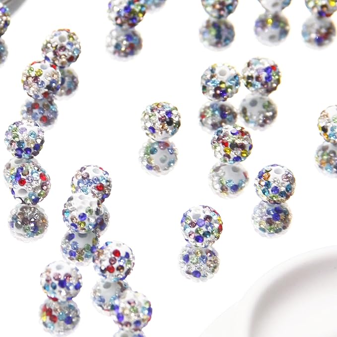 200 Pcs 10mm Rhinestone Beads for Jewelry Making, White Color Shiny Round Shamballa Disco Baseball Necklace Beads Sparkle Crystal Clay Pave Rhinestones Bead for DIY Bracelet Earring Making Supplies