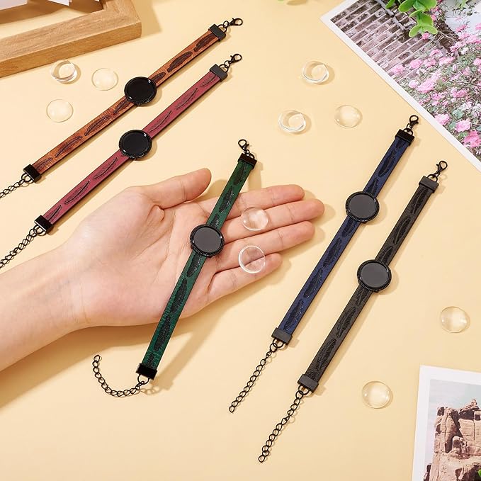 FASHEWELRY 5Pcs PU Leather Cord Bracelet Blanks Bezel Tray Settings Black Flat Round Tray Cabochons Adjustable Round Tray Bracelet Kits with Glass Cabochons for Jewelry Making