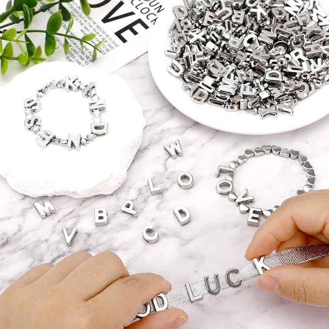 Augshy 700Pcs Large Letter Beads Silver Plastic A-Z Mixed Alphabet Shape Beads for Jewelry Making Bracelets Necklaces Key Chains Shoelaces Crafts Party Decor(9x12mm)