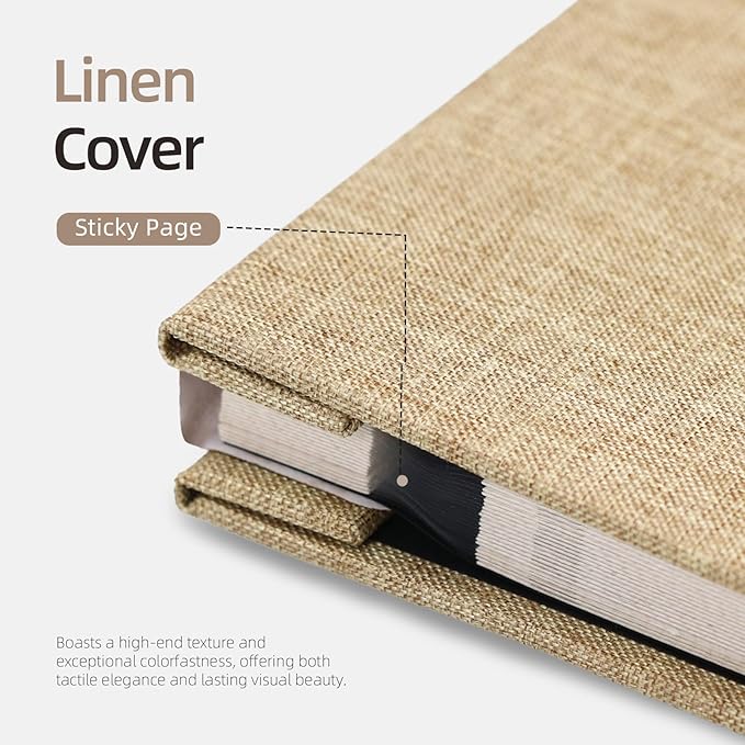 Vienrose Photo Album Self Adhesive 4x6 5x7 3x5 8x10 Scrapbook Album DIY Scrap Book with A Metallic Pen (11"x10.6" 60 Pages, Khaki)