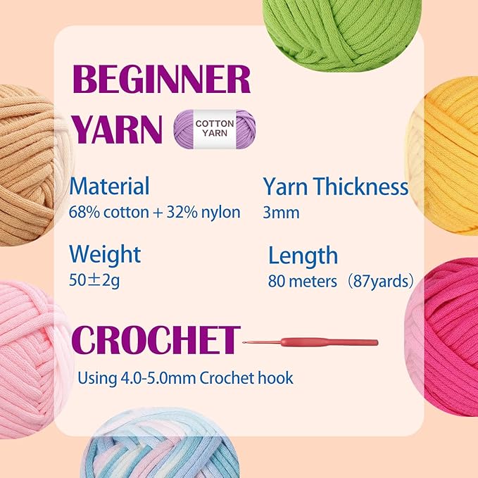SIMEIQI 10×50g Beginners Yarn Kit for Crocheting and Knitting,Cotton Nylon Blend Yarn for Hand DIY Bag Basket Dolls and Cushion F