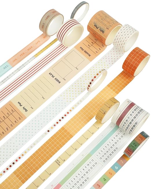 EORTA 10 Rolls Retro Calendar Washi Tapes, 5 Sizes Self-Adhesive Decorative Sticker for Daily Weekly Monthly Planner, Scrapbook, Journal & Bible Journaling, Dotted/Striped Craft Gift Wrap Tape