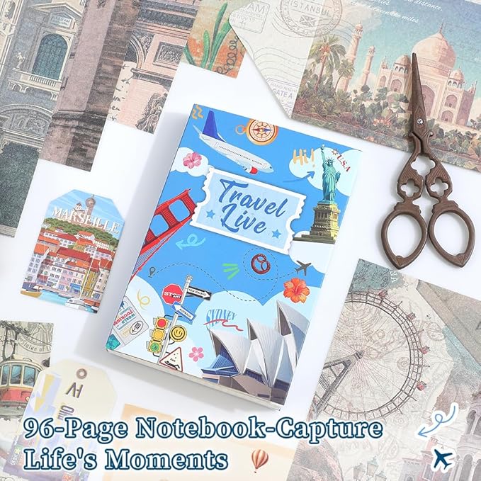 icceemee Scrapbooking Supplies Kit, Travel Diary Theme Scrapbooking Kit for Bullet Junk Journaling, Stationery, A6 Grid Notebook, Flower DIY Journaling Supplies, Birthday Craft Gift for Teen Girls