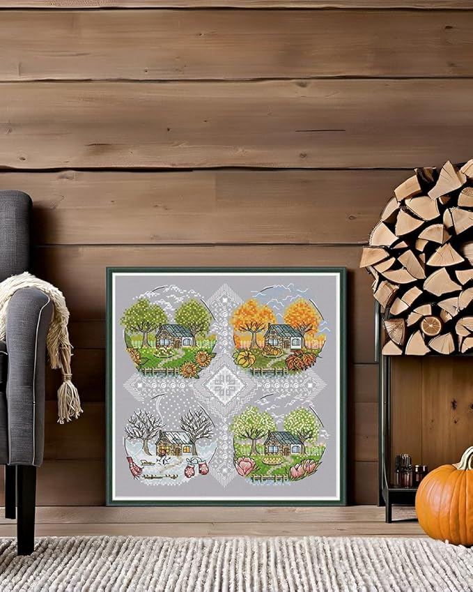 CaptainCrafts Cross Stitch Kits for Adults Counted Cross Stitch Unprinted Fabric Cross Stitching DIY Art DMC Needlecrafts Embroidery Kit for Adults (White, Cottage Scenery Four Seasons)