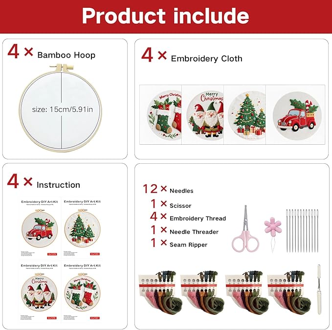 LGLRTD Christmas Embroidery Kits, 4 Sets Embroidery Kits for Beginners, Cross Stitch Kits for Adults with Pattern, Needles, Threads, Tools, DIY Needlepoint Craft Kit, 6 inch (Christmas)