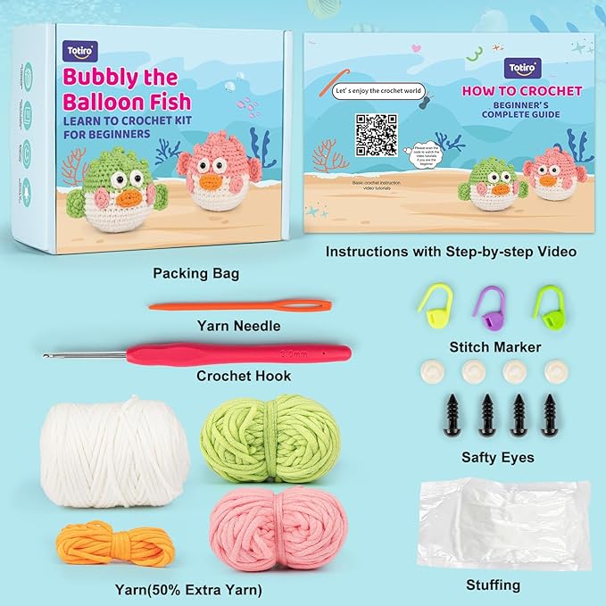 Totiro Crochet Kit for Beginners, Balloon Fish Amigurumi Starter Kit, Easy DIY Craft Set with Step-by-Step Video Tutorials, 2 Pack Crochet Pattern Learning Kit for Teens Adults Birthday Gift