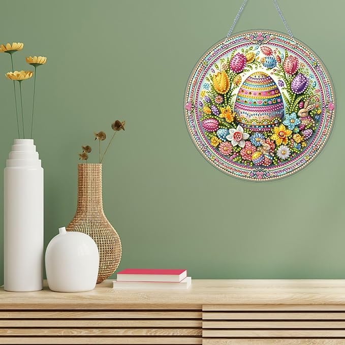 VODAPYC Easter Diamond Art Hanging Kits for Adults, DIY Double Sided Partial Special Shaped Diamond Art Window Pendant Ornament(Easter Flower Egg)