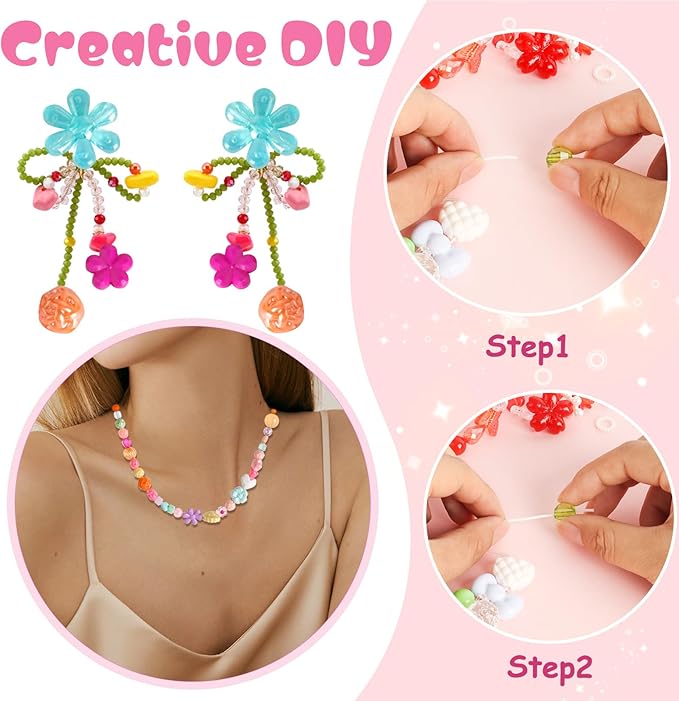 RYKOMO 550-650PCS Assorted Acrylic Beads Flower Sweetheart Butterfly Candy Acrylic Kawaii Aesthetic Cute Beads for Bracelets DIY Jewelry Making (10 Candy Colors)
