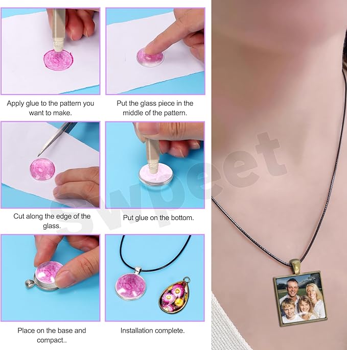 Swpeet 100Pcs 5 Shape Round/Teardrop/Heart/Oval/Square Pendant Trays Kit for Jewelry Making, Bezel Pendant Trays, Clear Glass Cabochons Tiles, Key Ring with Chain and Waxed Necklace Cord for Crafts