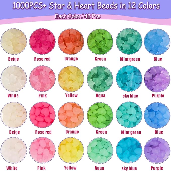 1000Pcs Matte Acrylic Star Beads Hart Beads for Bracelet Jewelry Making Jelly Color Frosted Pastel Beads Colorful Cute Aesthetic Kawaii Bead Charms for DIY Necklace Keychain Phone Charms