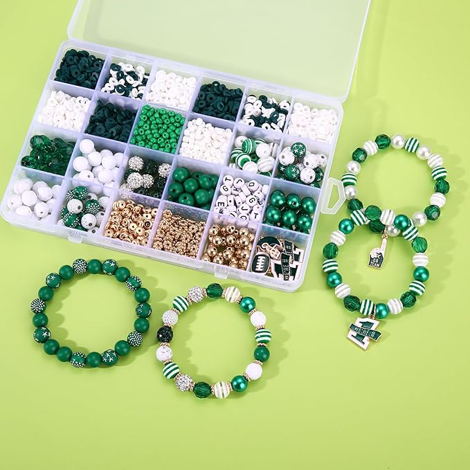 HSWE Game Day Beads for Bracelets Making Kit Heishi Clay Pearl Letter Assorted Round Bead Gold Spacer Beads Football Charms for DIY Bracelets Necklace Jewelry Making (Green White Beads Kit25)