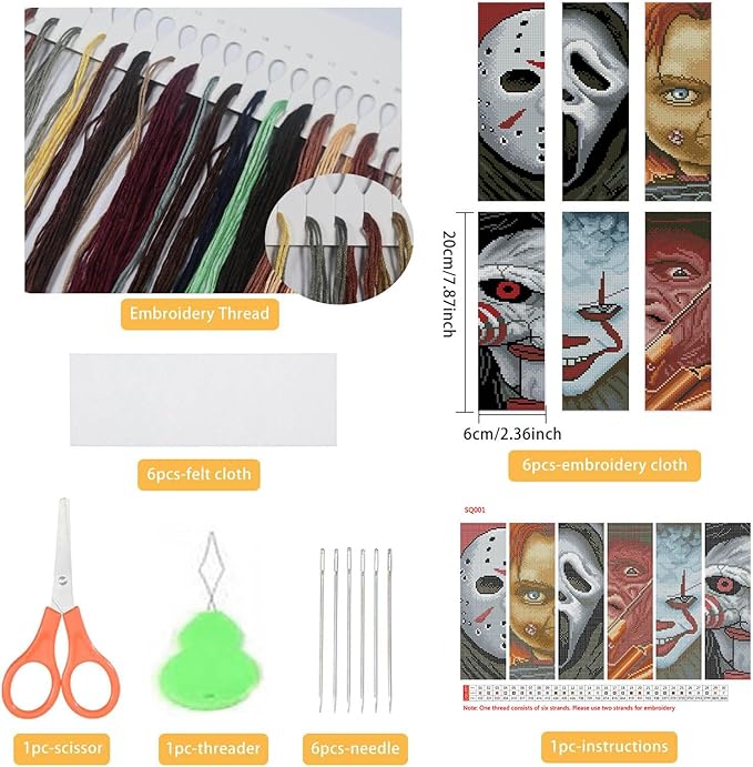 NEGEKFKX 6 Pcs Horror Cross Stitch Bookmark Kit for Adult Beginners,Halloween Cross Stitch Kits 14 CT DIY Cross Stitch Kits Adult Stamped Bookmark Embroidery Bookmarks Kit