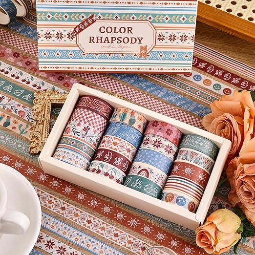 20 Rolls Bohemia Theme Washi Tape Set,Writable Decorative Tapes for Scrapbooking, Junk Journal Supplies, Bullet Journaling, 0.6"x79" per Roll