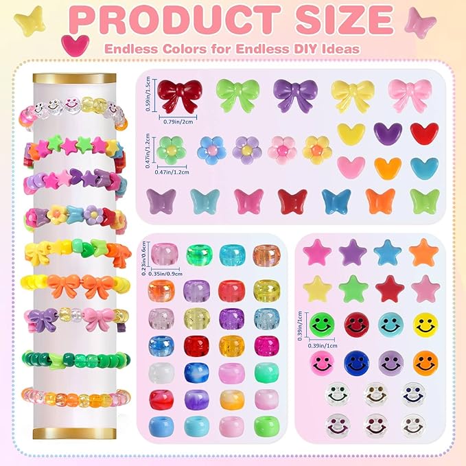 1000Pcs Pony Beads for Bracelets, Colourful Plastic Pony Beads Bulk, 6×9mm Friendship Shape Bead for Jewelry Making Heart Bow Tie Star for DIY Hair Braiding Keychains Necklaces Crafts Party Supplies